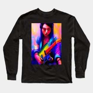 Girl On Guitar Glitch Art Rectangle Design Long Sleeve T-Shirt